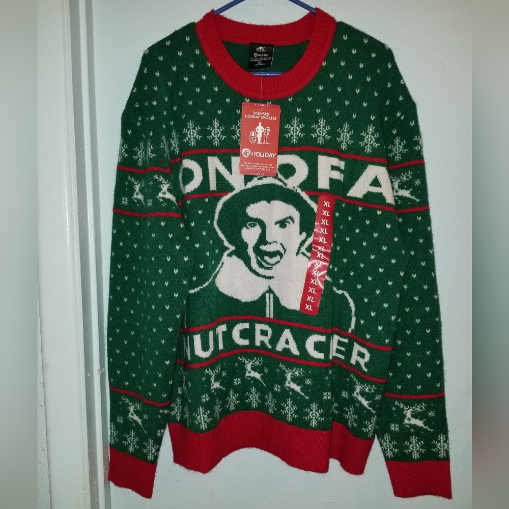 ELF Will Ferrell Holiday Green White Red Ugly Christmas Sweater Snowflakes